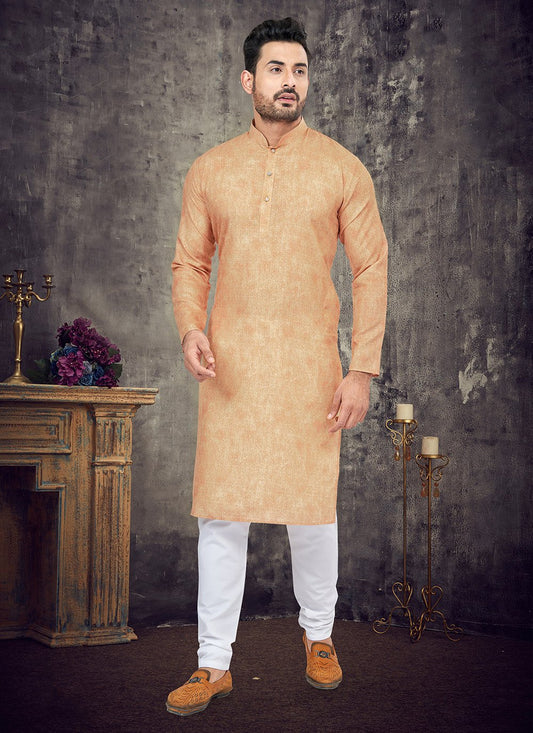 Kurta Pyjama Cotton Peach Digital Print Mens