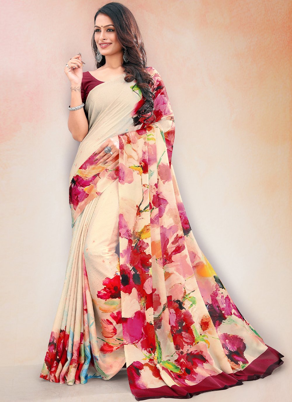 Trendy Saree Faux Crepe Peach Digital Print Saree