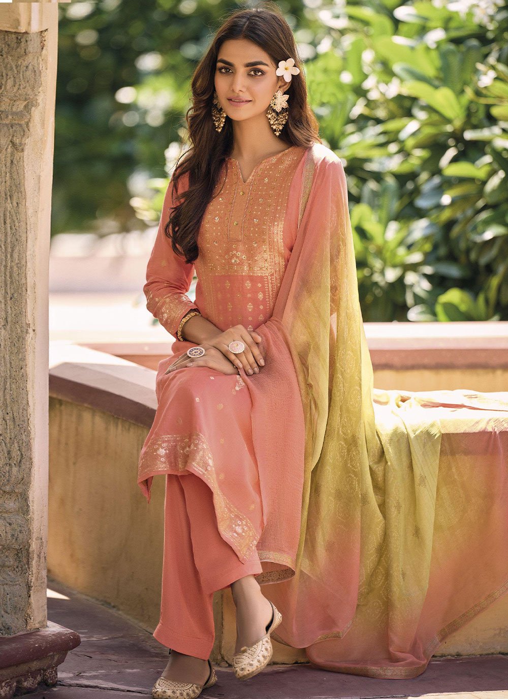 Pant Style Suit Silk Peach Digital Print Salwar Kameez