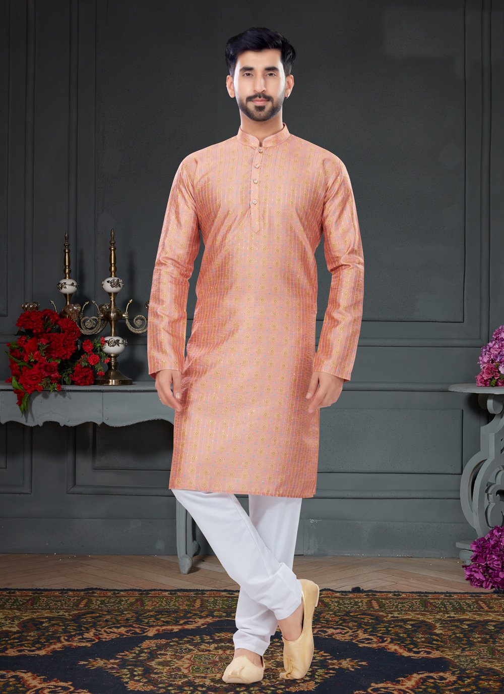 Kurta Pyjama Silk Peach Digital Print Mens