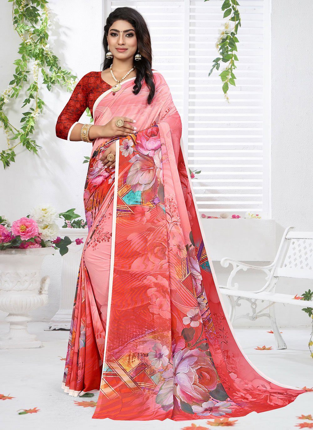 Classic Weight Less Peach Digital Print Saree