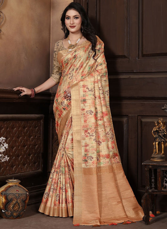 Trendy Saree Banarasi Silk Peach Digital Print Saree