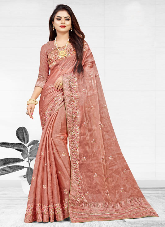 Trendy Saree Chiffon Peach Embroidered Saree