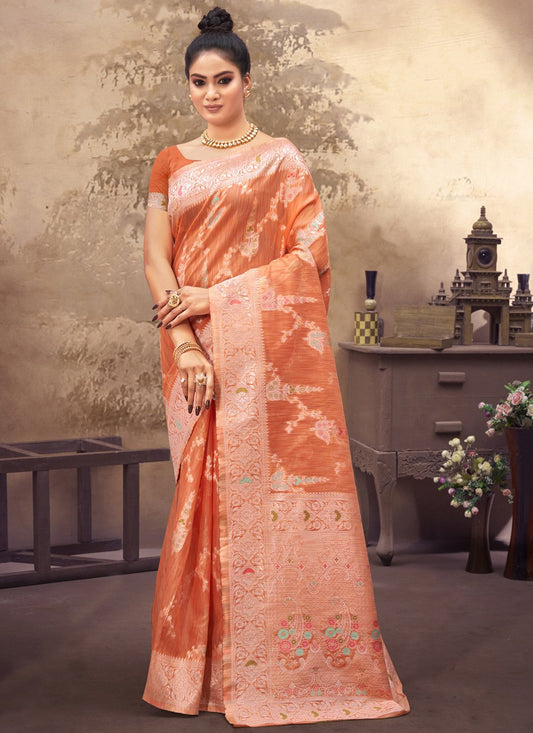 Designer Cotton Silk Peach Embroidered Saree