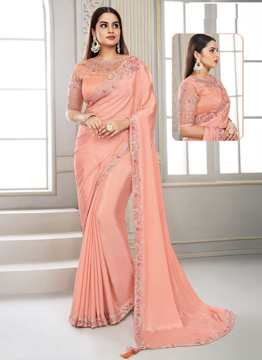 Classic Polyester Peach Embroidered Saree