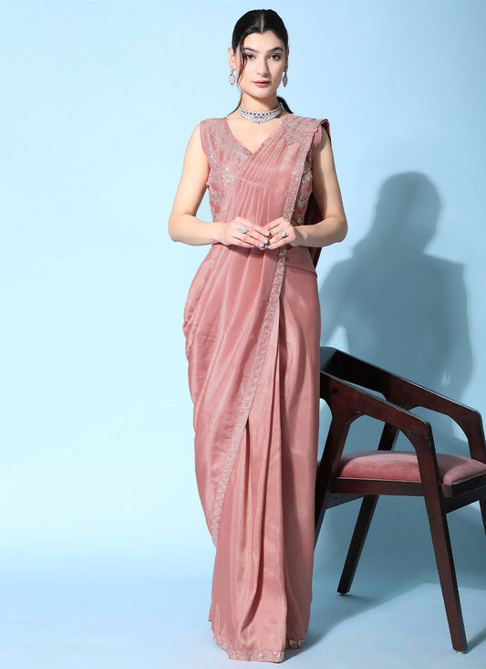 Classic Satin Silk Peach Embroidered Saree