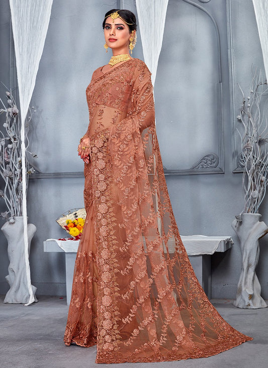 Contemporary Net Peach Embroidered Saree