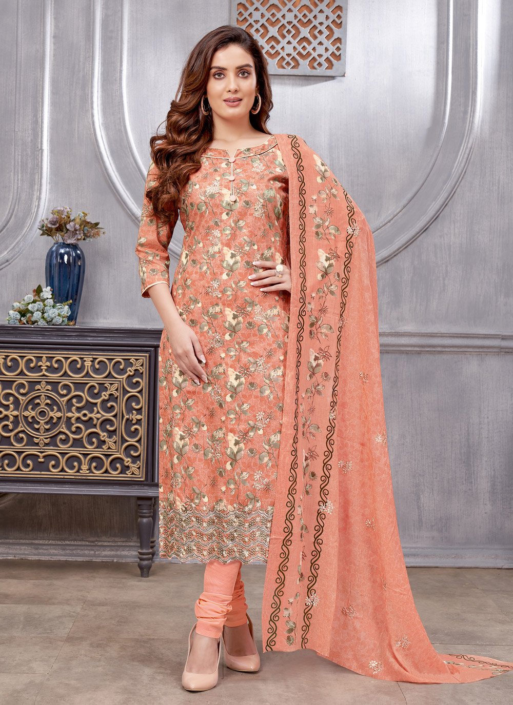 Churidar Suit Cotton Peach Embroidered Salwar Kameez