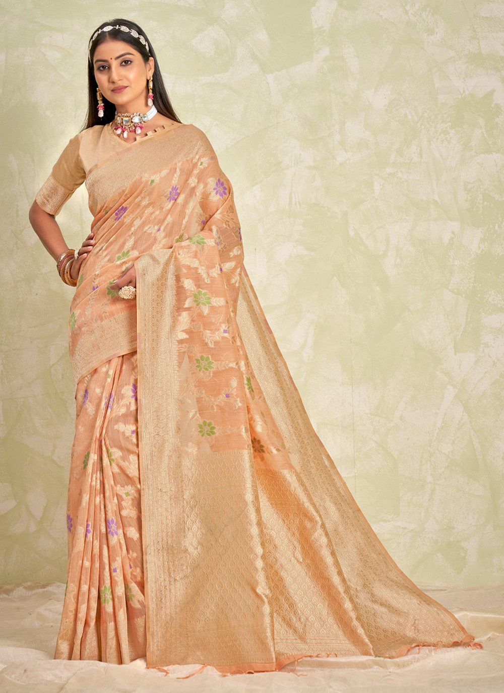 Designer Cotton Peach Embroidered Saree