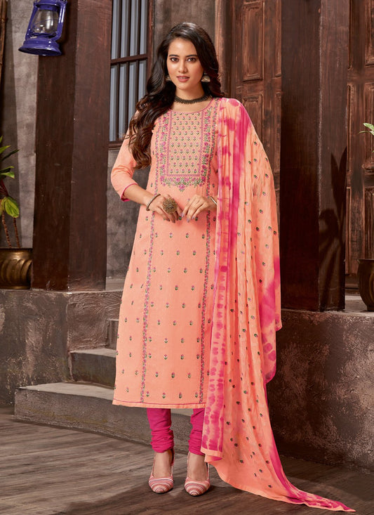 Churidar Suit Cotton Satin Peach Embroidered Salwar Kameez