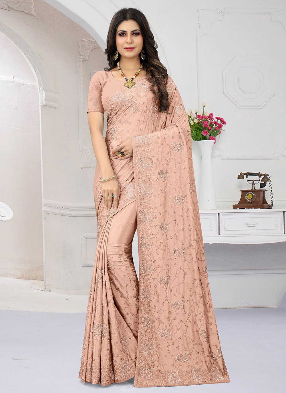 Designer Crepe Silk Peach Embroidered Saree