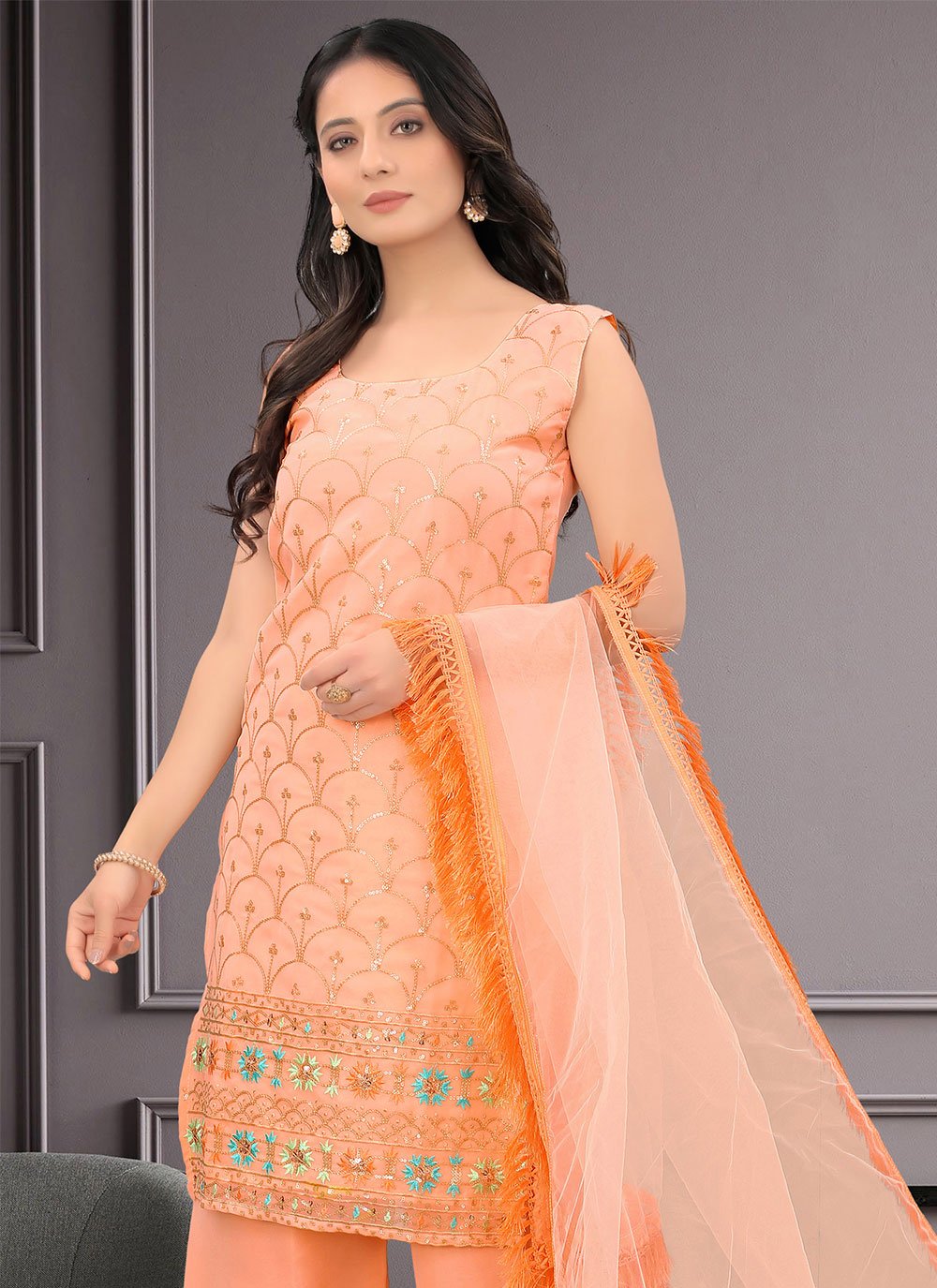 Salwar Suit Faux Georgette Peach Embroidered Salwar Kameez