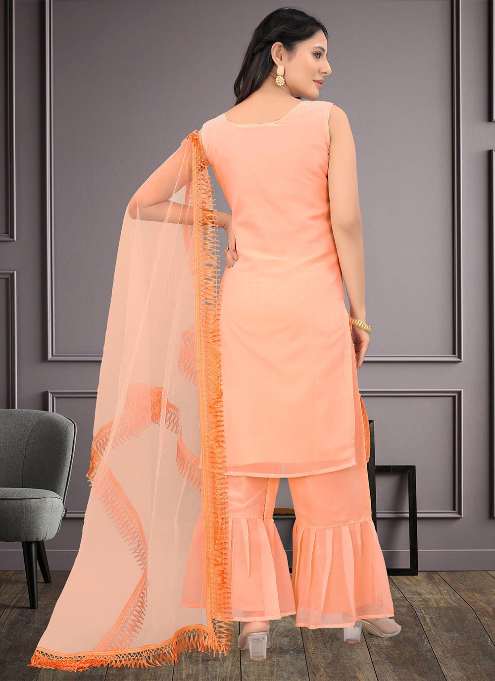 Salwar Suit Faux Georgette Peach Embroidered Salwar Kameez