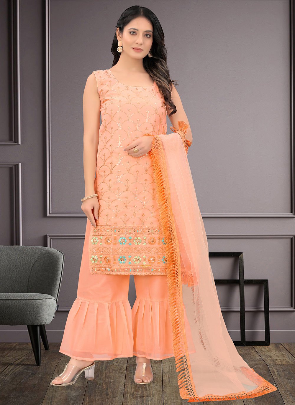 Salwar Suit Faux Georgette Peach Embroidered Salwar Kameez