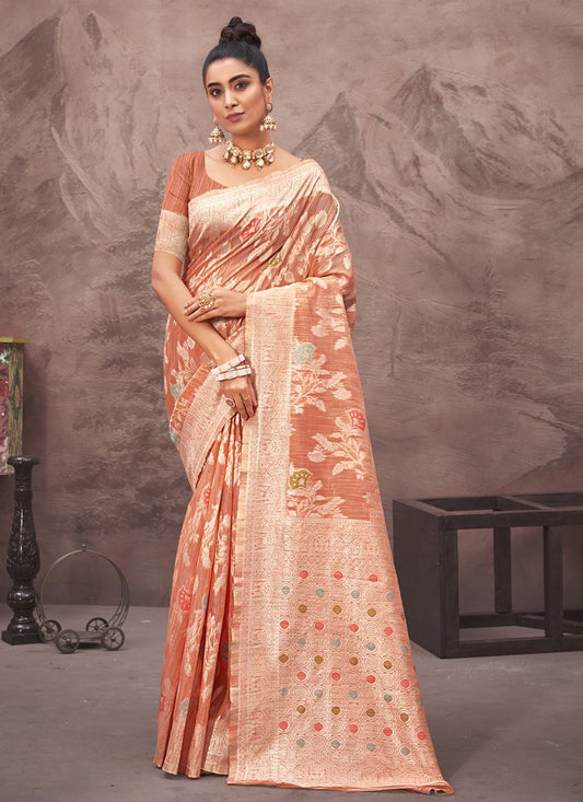 Traditional Saree Cotton Silk Peach Embroidered Saree