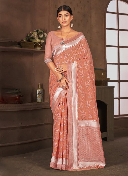 Classic Cotton Peach Embroidered Saree