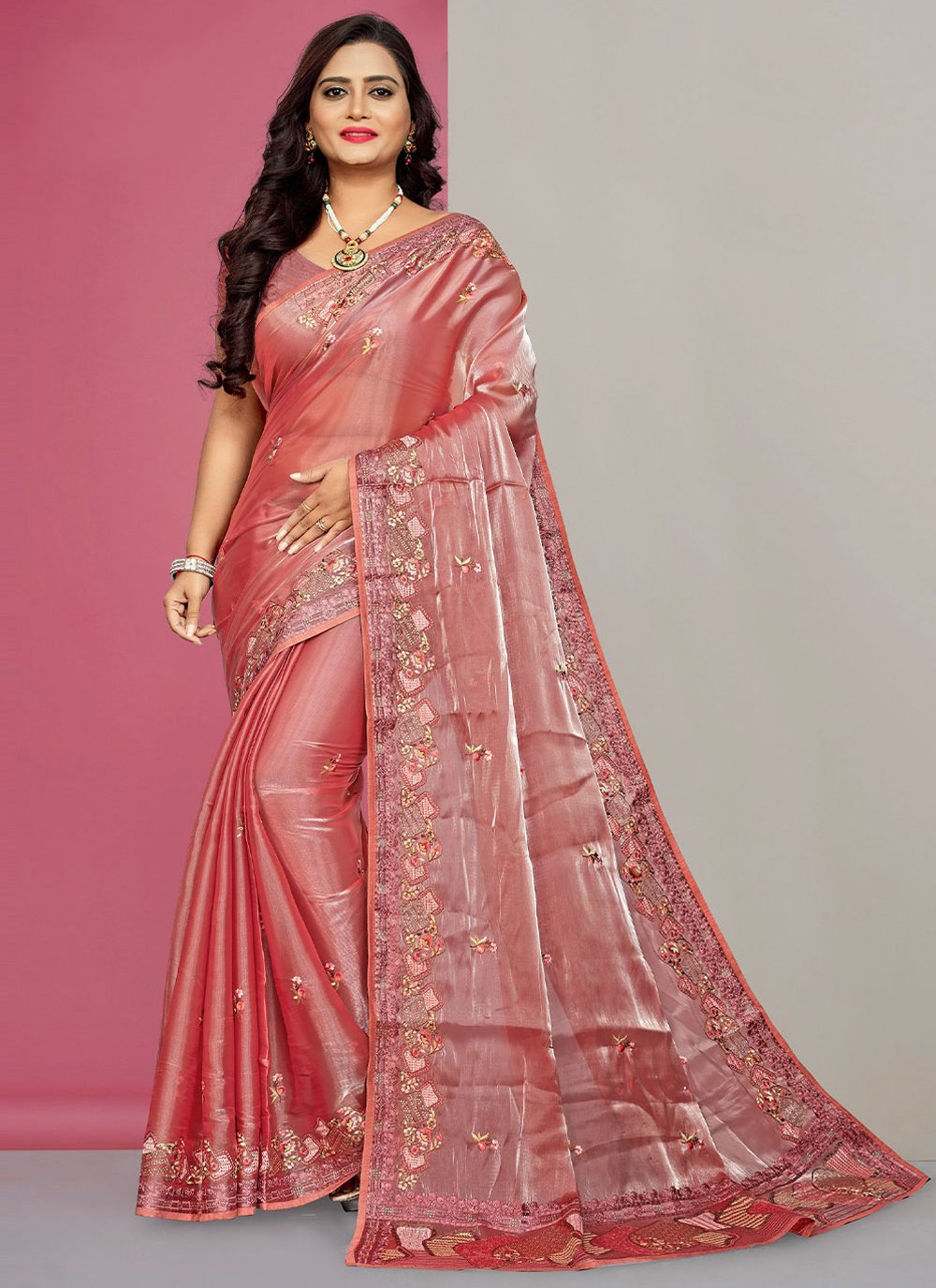 Designer Fancy Fabric Peach Embroidered Saree