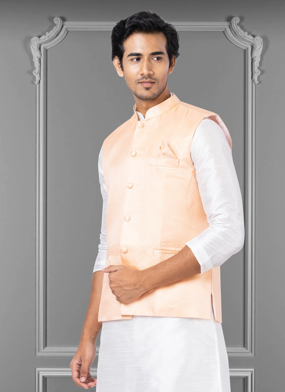 Nehru Jackets Linen Silk Peach Embroidered Mens