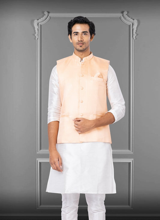 Nehru Jackets Linen Silk Peach Embroidered Mens