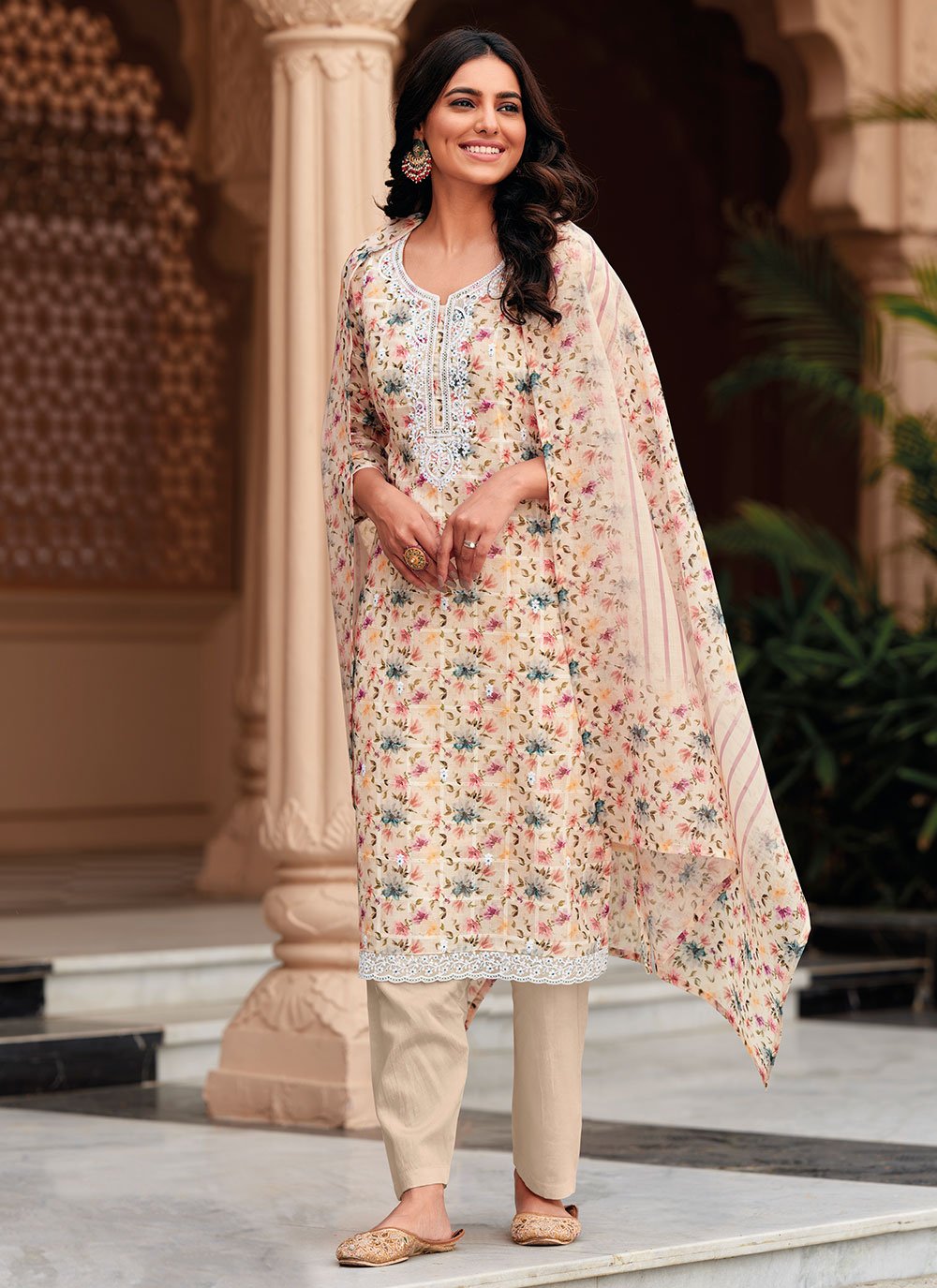 Salwar Suit Linen Peach Embroidered Salwar Kameez