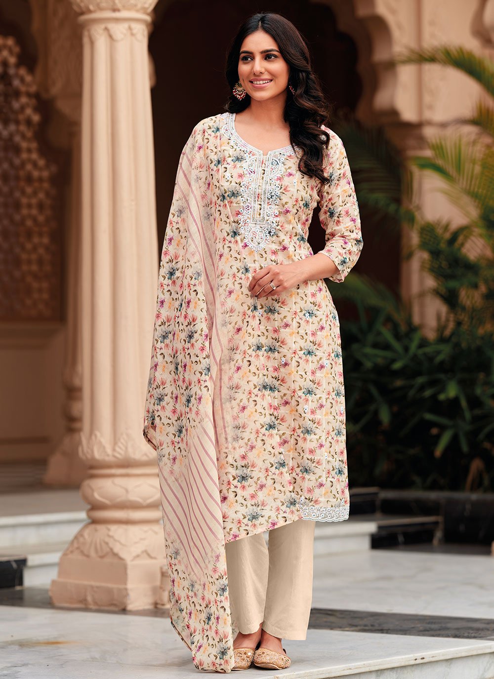 Salwar Suit Linen Peach Embroidered Salwar Kameez