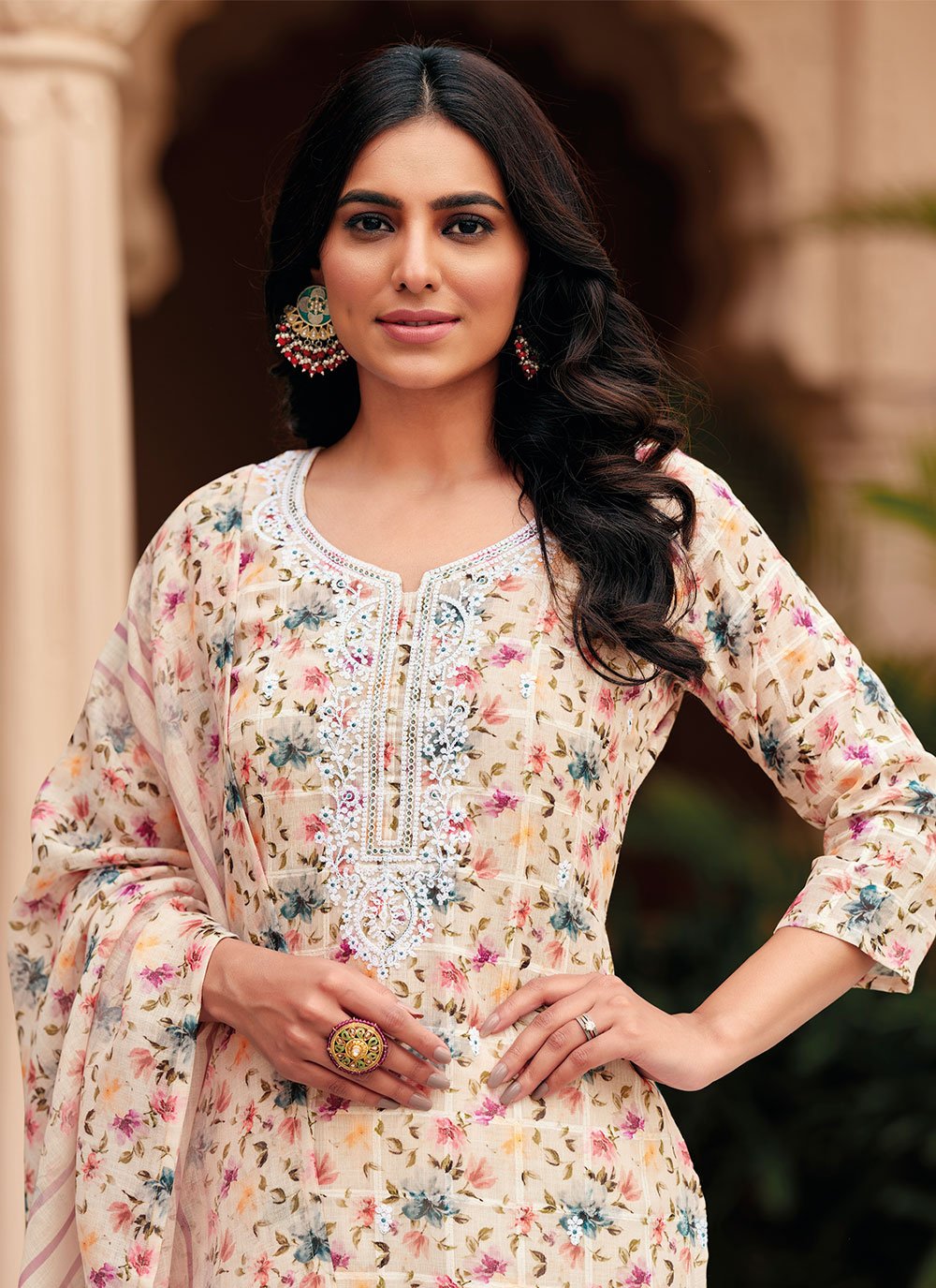 Salwar Suit Linen Peach Embroidered Salwar Kameez