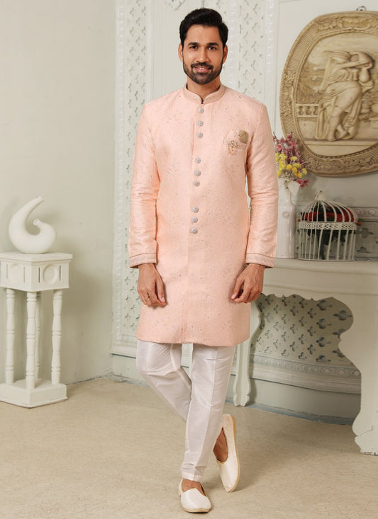 Indo Western Jacquard Peach Embroidered Mens