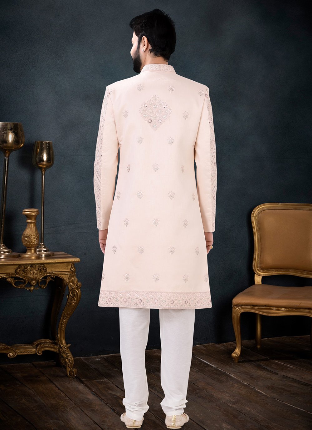 Indo Western Sherwani Silk Peach Embroidered Mens