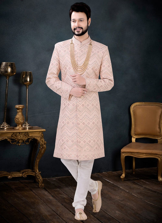 Indo Western Sherwani Silk Peach Embroidered Mens