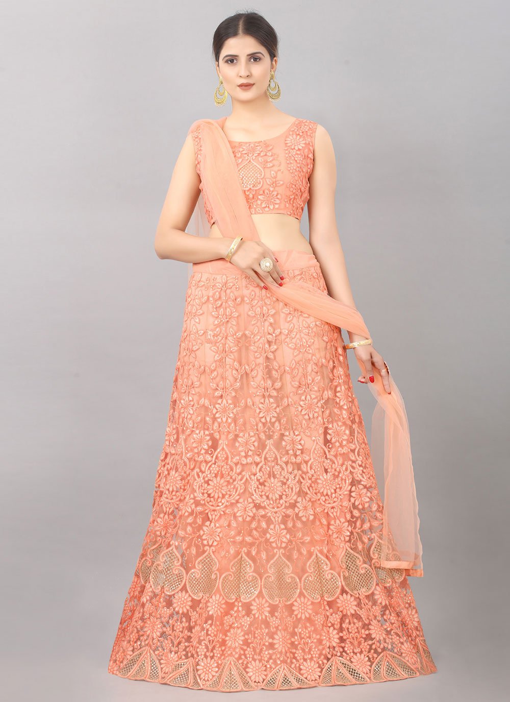 Lehenga Choli Net Peach Embroidered Lehenga Choli