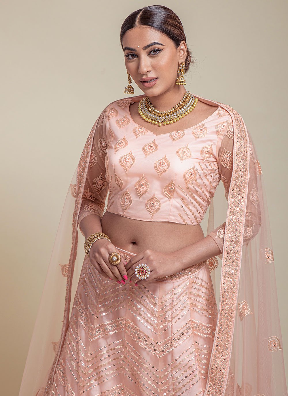 A Line Lehenga Net Peach Embroidered Lehenga Choli