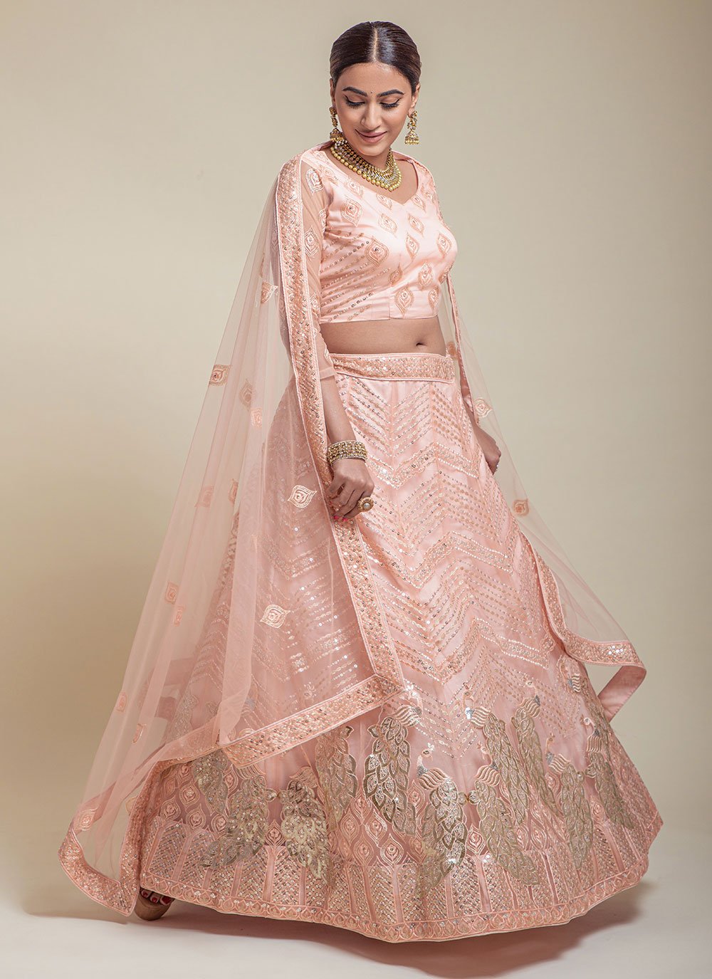 A Line Lehenga Net Peach Embroidered Lehenga Choli