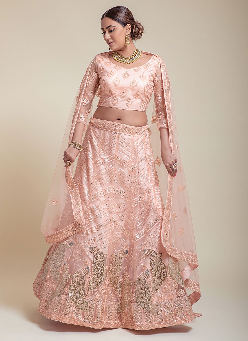 A Line Lehenga Net Peach Embroidered Lehenga Choli