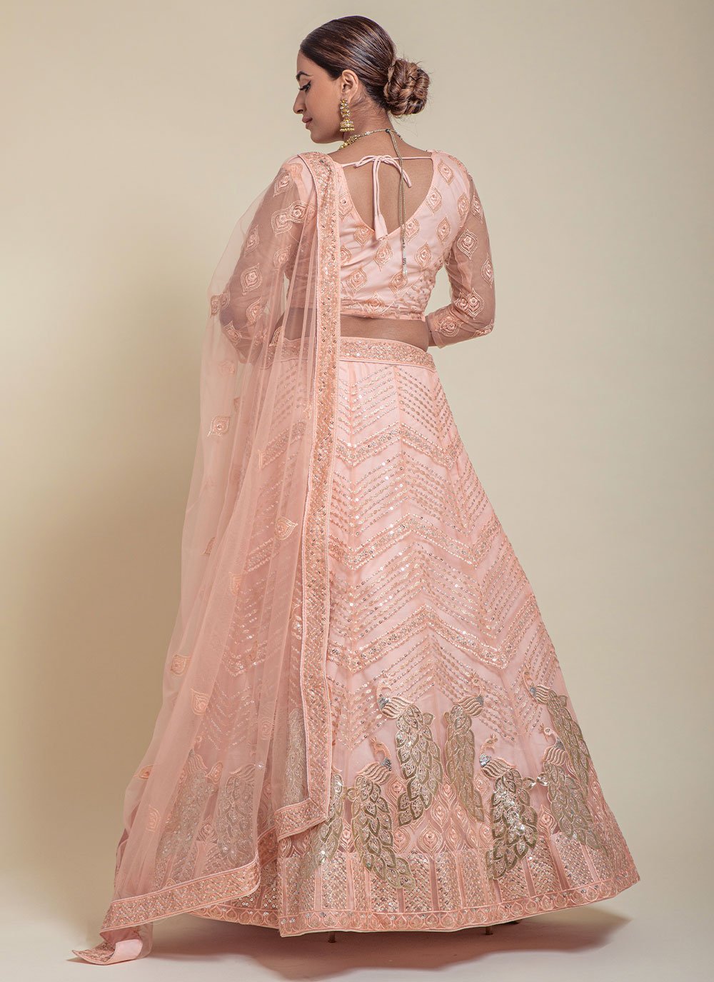 A Line Lehenga Net Peach Embroidered Lehenga Choli