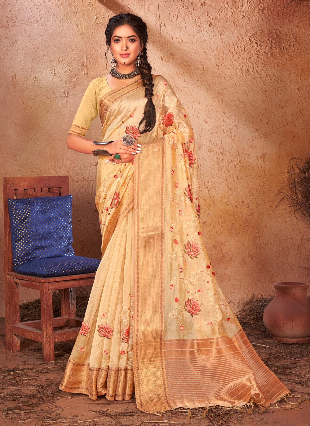 Trendy Saree Organza Peach Embroidered Saree