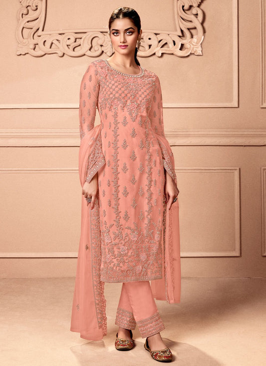 Pakistani Salwar Suit Net Peach Embroidered Salwar Kameez