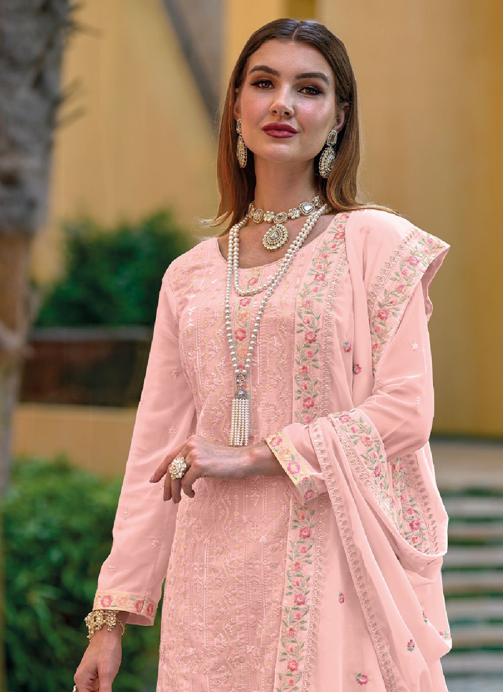 Pant Style Suit Georgette Peach Embroidered Salwar Kameez