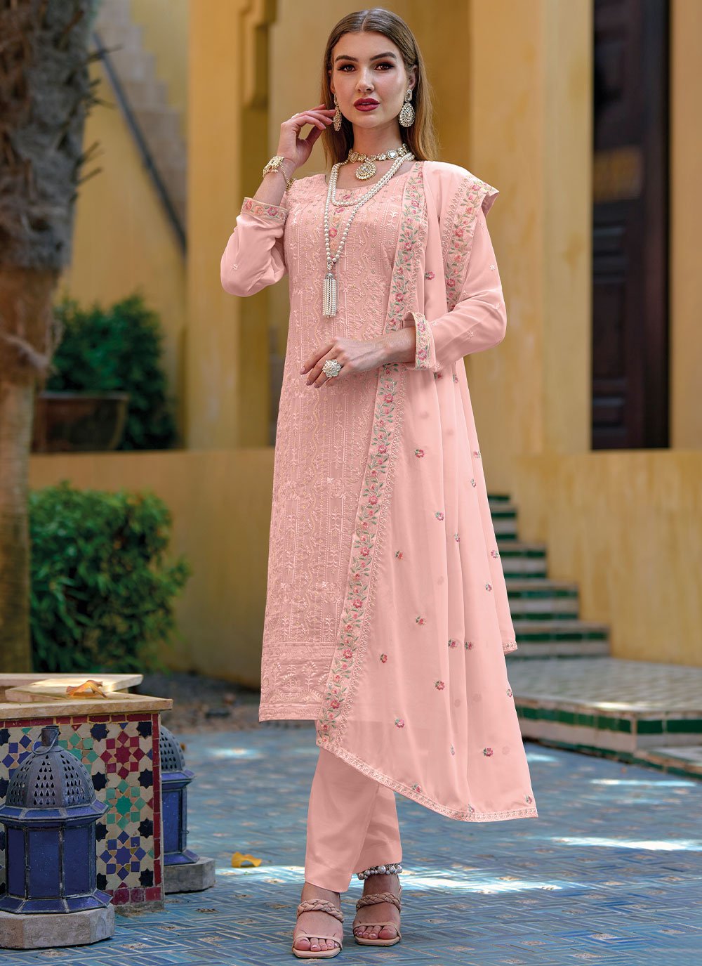 Pant Style Suit Georgette Peach Embroidered Salwar Kameez