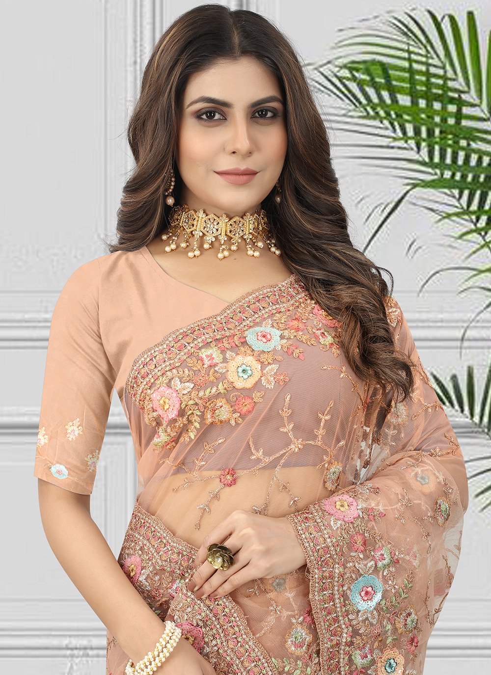 Classic Net Peach Embroidered Saree