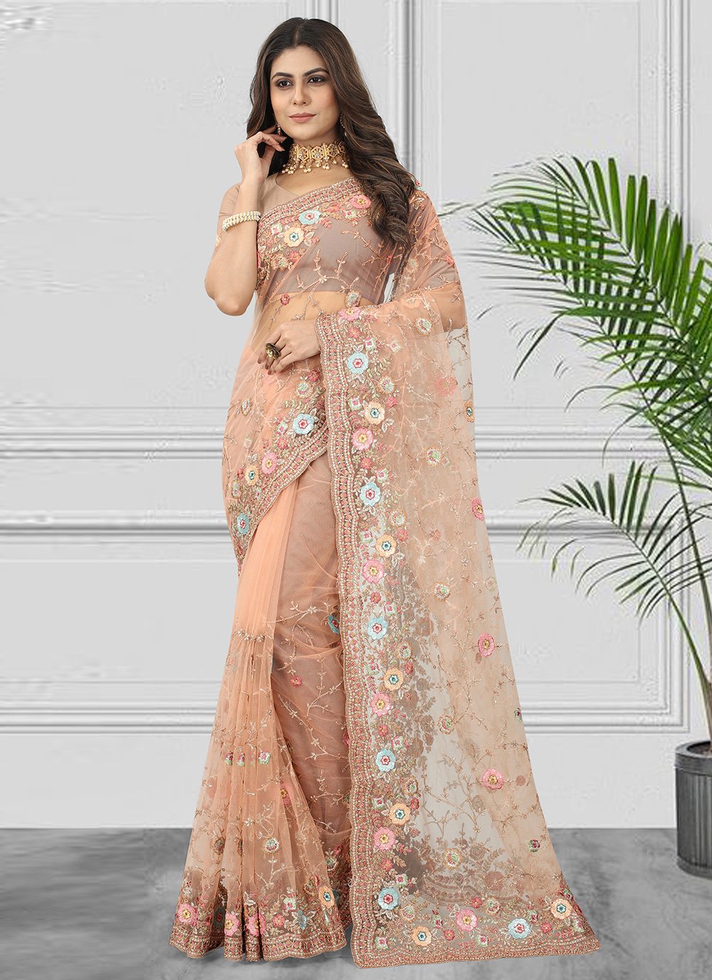 Classic Net Peach Embroidered Saree