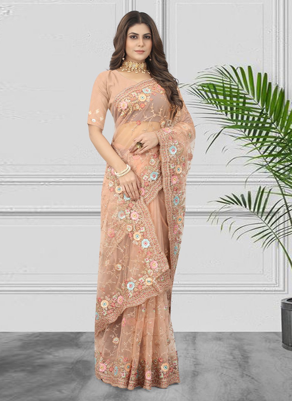 Classic Net Peach Embroidered Saree