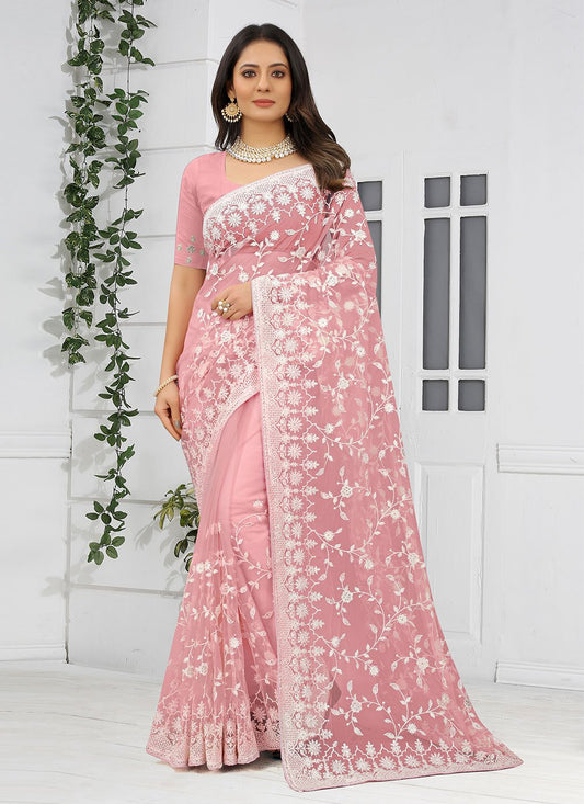 Contemporary Net Peach Embroidered Saree