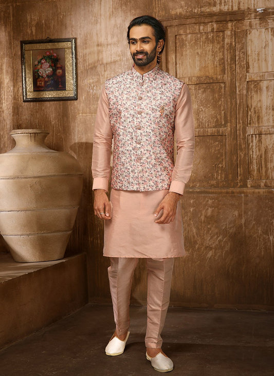 Kurta Payjama With Jacket Art Banarasi Silk Peach Embroidered Mens