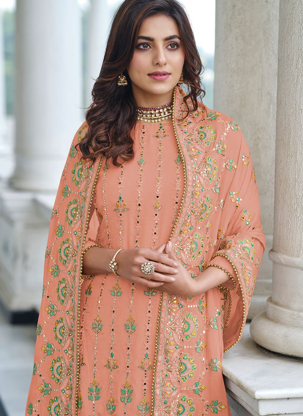 Salwar Suit Faux Georgette Peach Embroidered Salwar Kameez