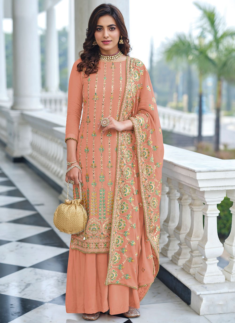 Salwar Suit Faux Georgette Peach Embroidered Salwar Kameez