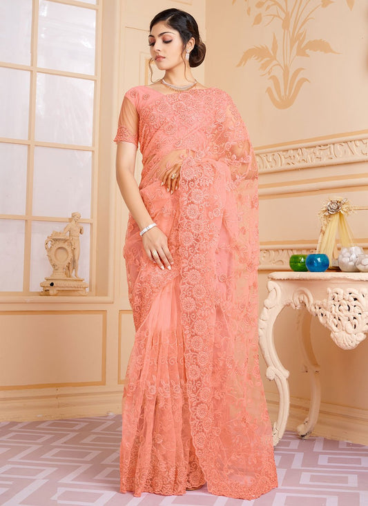 Trendy Saree Net Peach Embroidered Saree