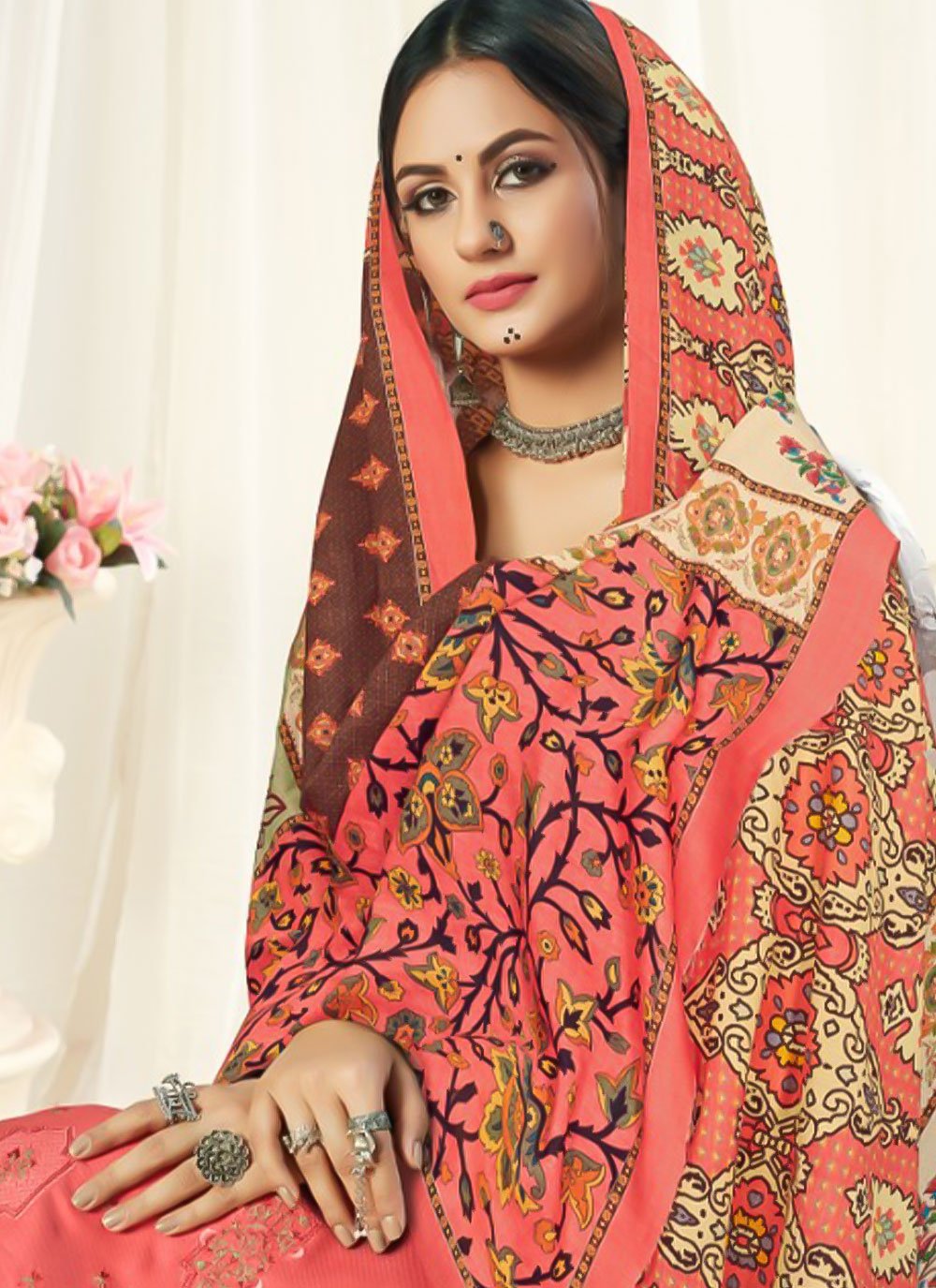 Straight Salwar Suit Pashmina Peach Embroidered Salwar Kameez