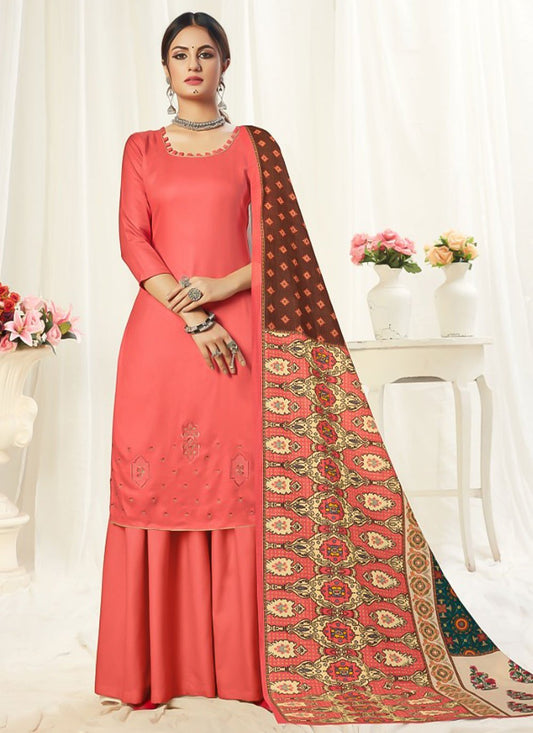 Straight Salwar Suit Pashmina Peach Embroidered Salwar Kameez