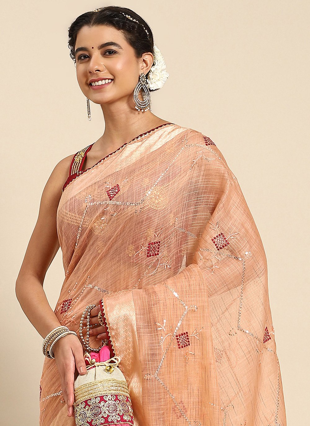 Trendy Saree Poly Cotton Peach Embroidered Saree