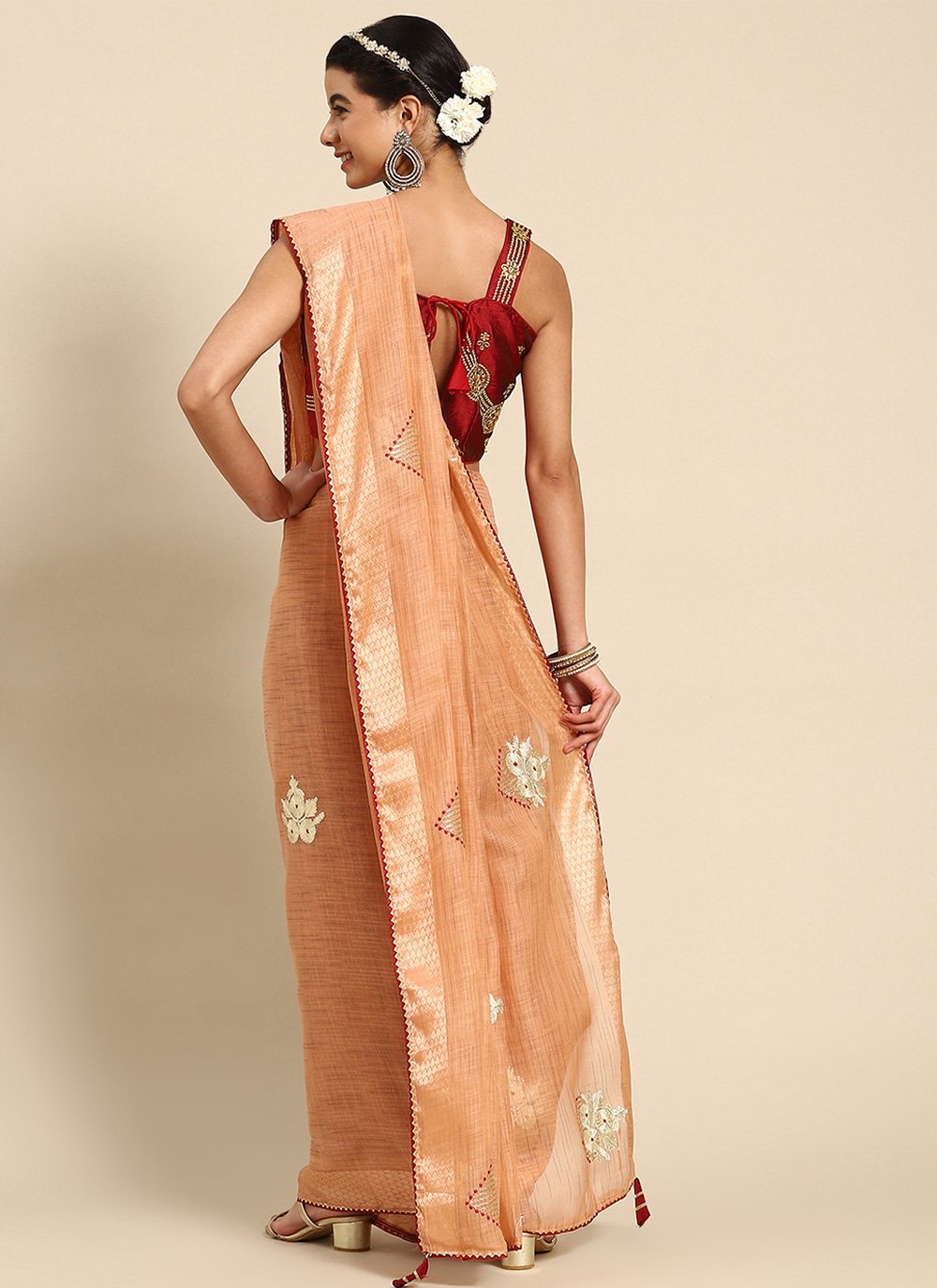 Trendy Saree Poly Cotton Peach Embroidered Saree